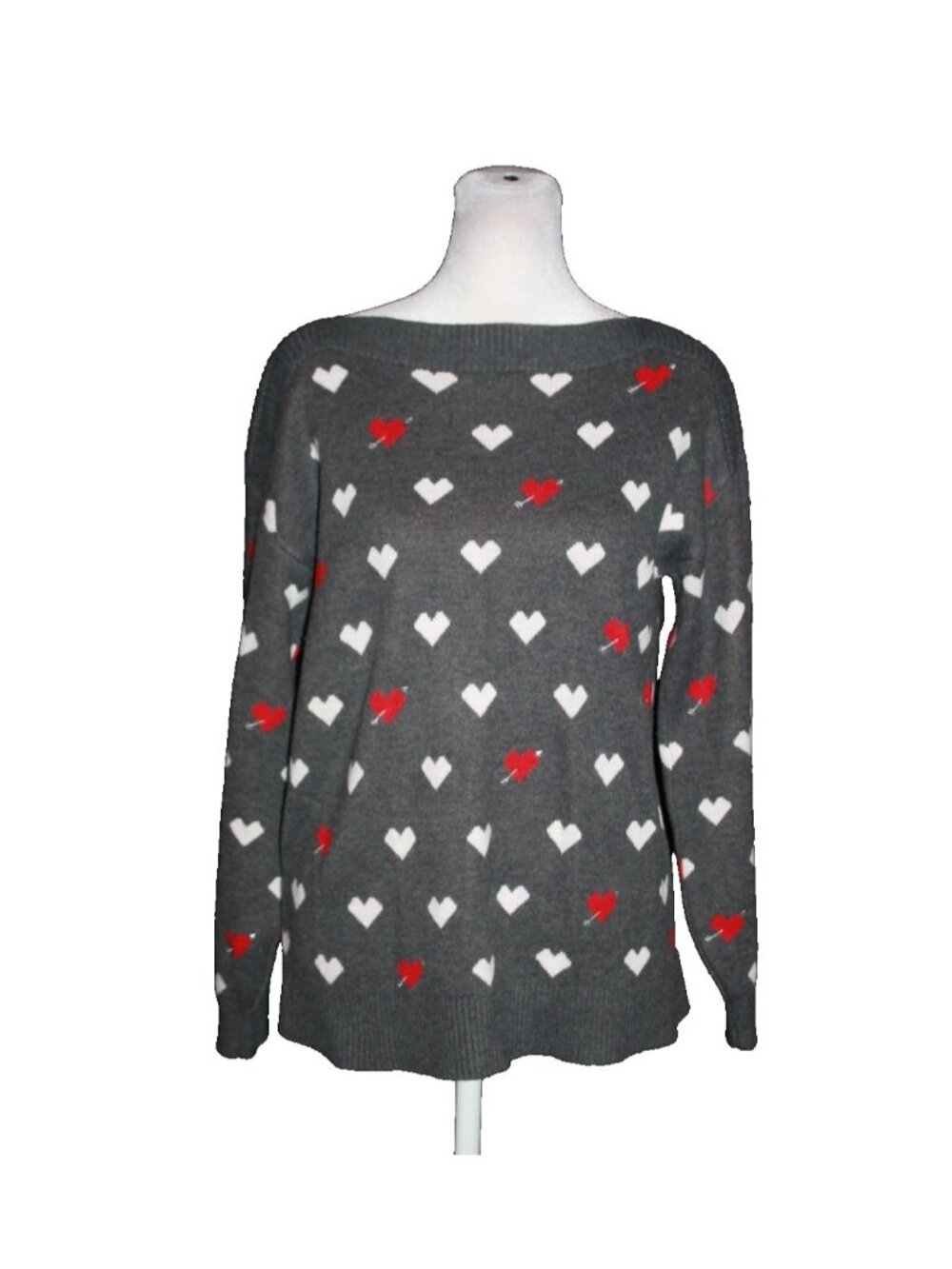 Loft Women's Sweater Size Small Gray W/ Red White Hearts Boat Neck Top
